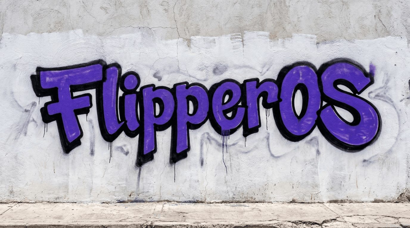 FlipperOS grafiteado en una pared blanca